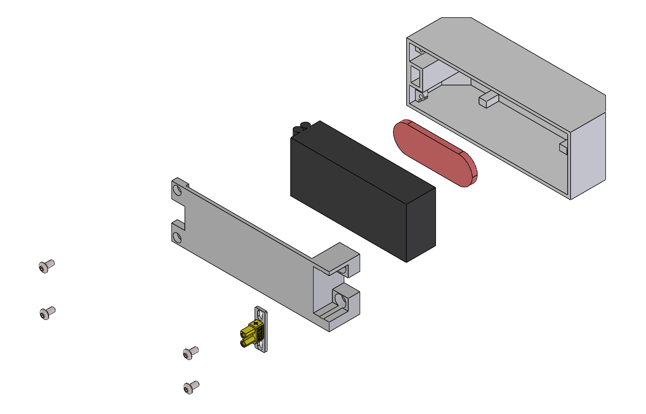 Exploded view of the assembly: lid, BMS, LiPo, base